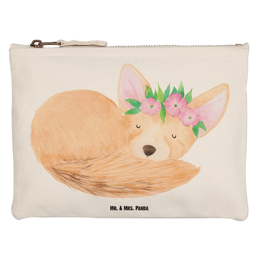 Schminktasche Wüstenfuchs Blumenkranz Schminktasche, Kosmetiktasche, Kosmetikbeutel, Stiftemäppchen, Etui, Federmappe, Makeup, XXL, Schminketui, Kosmetiketui, Schlamperetui, Afrika, Wildtiere, Wüste, Wüstenfuchs, Blumen, Blumenkranz, Glücklich