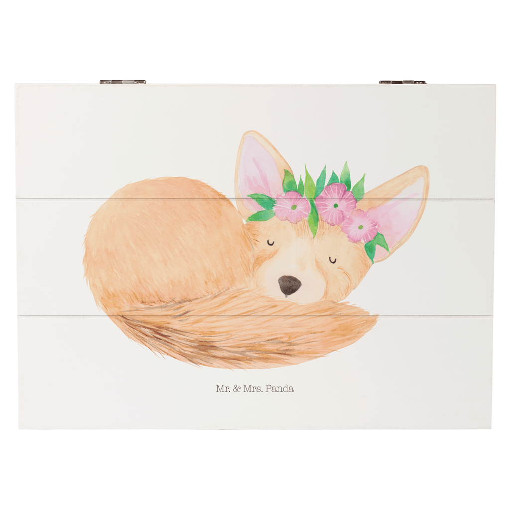 Holzkiste Wüstenfuchs Blumenkranz Holzkiste, Kiste, Schatzkiste, Truhe, Schatulle, XXL, Erinnerungsbox, Erinnerungskiste, Dekokiste, Aufbewahrungsbox, Afrika, Wildtiere, Wüste, Wüstenfuchs, Blumen, Blumenkranz, Glücklich