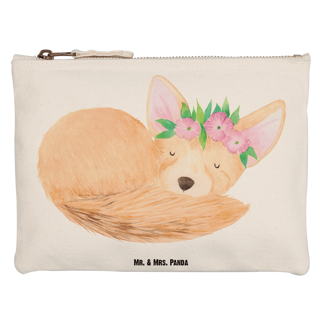 Schminktasche Wüstenfuchs Blumenkranz Schminktasche, Kosmetiktasche, Kosmetikbeutel, Stiftemäppchen, Etui, Federmappe, Makeup, XXL, Schminketui, Kosmetiketui, Schlamperetui, Afrika, Wildtiere, Wüste, Wüstenfuchs, Blumen, Blumenkranz, Glücklich