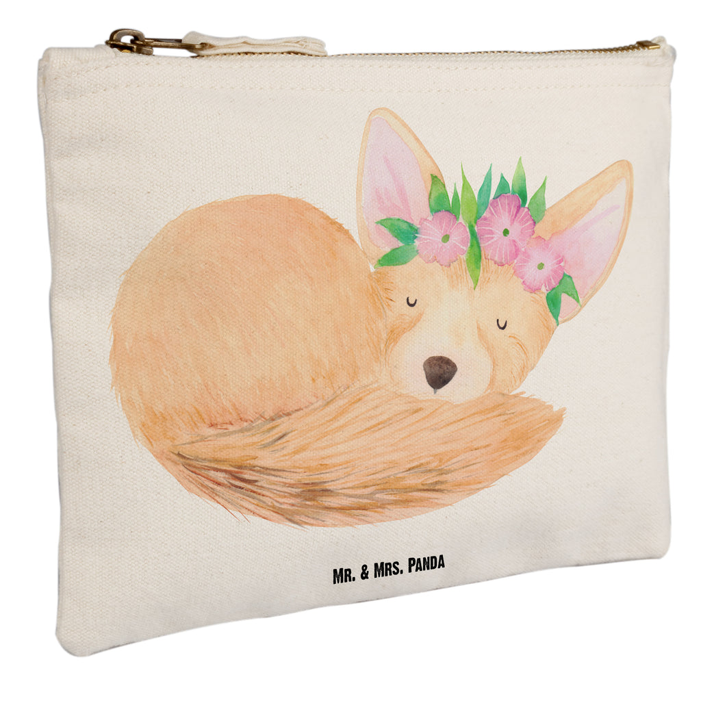 Schminktasche Wüstenfuchs Blumenkranz Schminktasche, Kosmetiktasche, Kosmetikbeutel, Stiftemäppchen, Etui, Federmappe, Makeup, XXL, Schminketui, Kosmetiketui, Schlamperetui, Afrika, Wildtiere, Wüste, Wüstenfuchs, Blumen, Blumenkranz, Glücklich