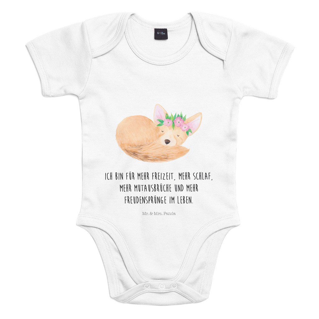 Organic Baby Body Wüstenfuchs Blumenkranz Babykleidung, Babystrampler, Strampler, Wickelbody, Baby Erstausstattung, Junge, Mädchen, Afrika, Wildtiere, Wüste, Wüstenfuchs, Blumen, Blumenkranz, Glücklich