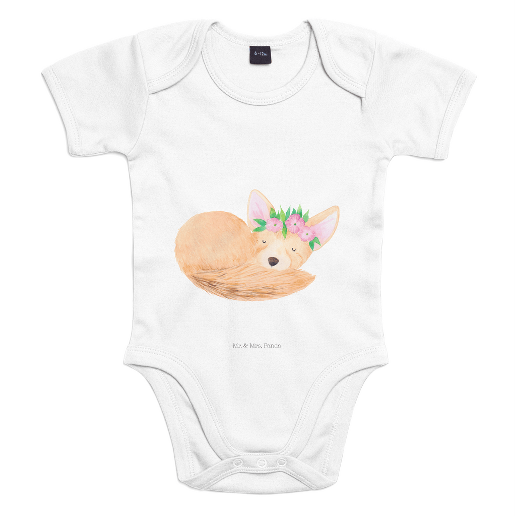 Organic Baby Body Wüstenfuchs Blumenkranz Babykleidung, Babystrampler, Strampler, Wickelbody, Baby Erstausstattung, Junge, Mädchen, Afrika, Wildtiere, Wüste, Wüstenfuchs, Blumen, Blumenkranz, Glücklich