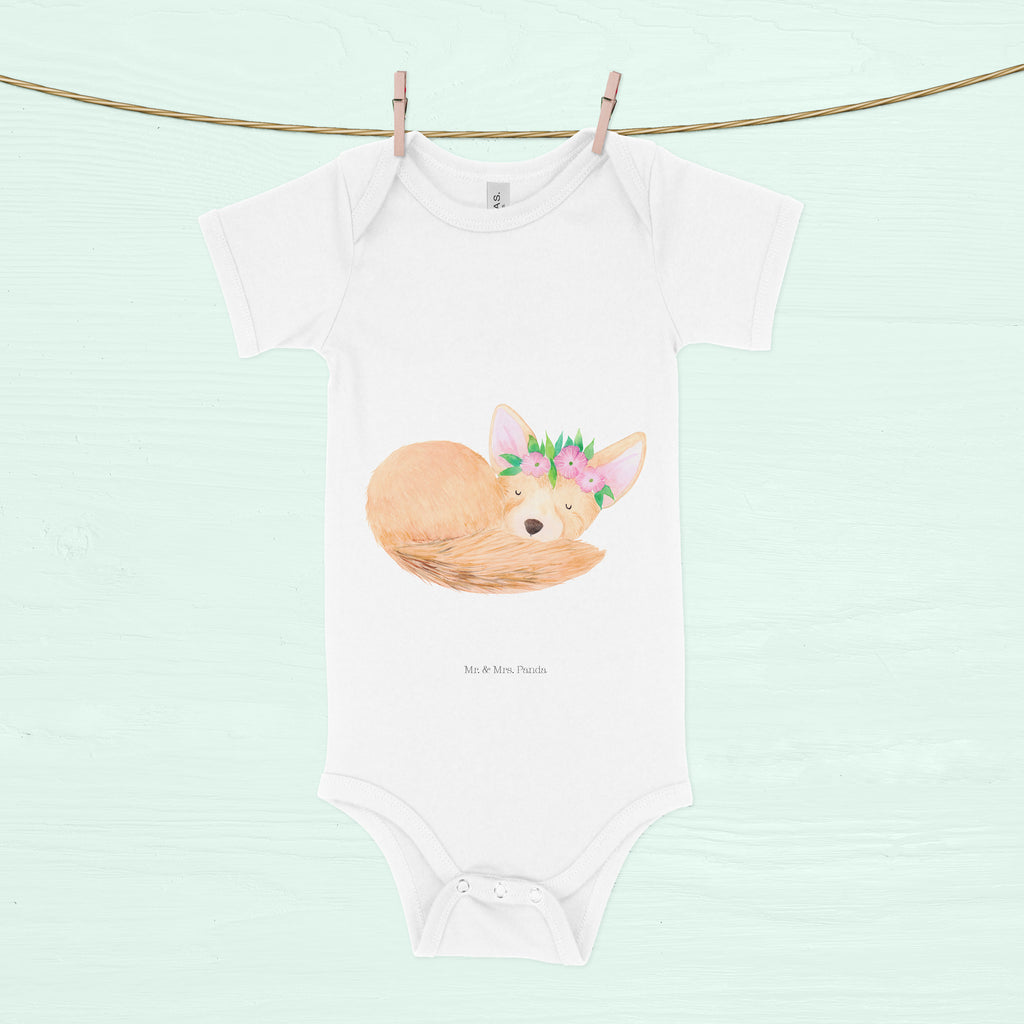 Organic Baby Body Wüstenfuchs Blumenkranz Babykleidung, Babystrampler, Strampler, Wickelbody, Baby Erstausstattung, Junge, Mädchen, Afrika, Wildtiere, Wüste, Wüstenfuchs, Blumen, Blumenkranz, Glücklich