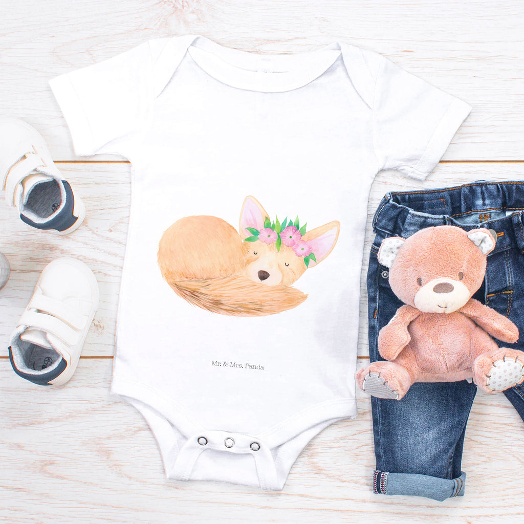 Organic Baby Body Wüstenfuchs Blumenkranz Babykleidung, Babystrampler, Strampler, Wickelbody, Baby Erstausstattung, Junge, Mädchen, Afrika, Wildtiere, Wüste, Wüstenfuchs, Blumen, Blumenkranz, Glücklich