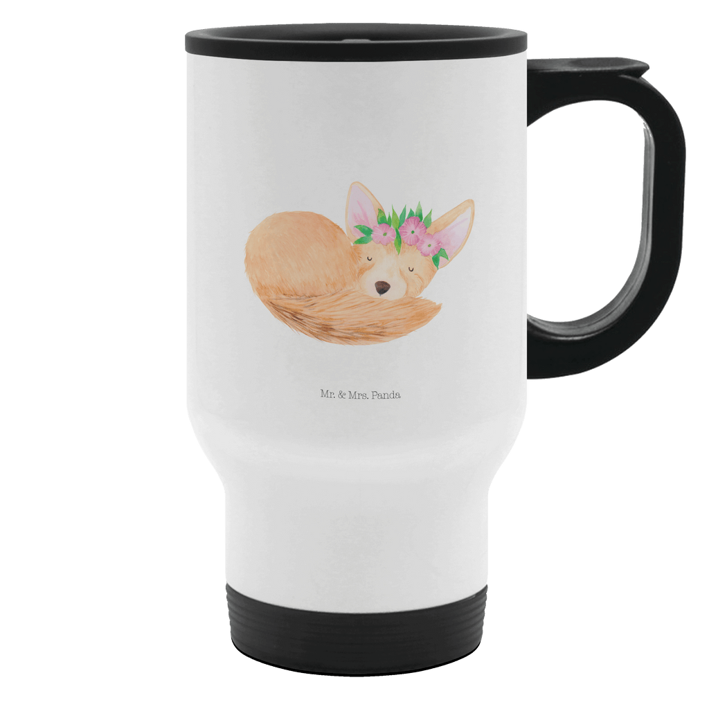 Thermobecher Wüstenfuchs Blumenkranz Thermobecher, To Go Becher, Thermotasse, Kaffeebecher, Isolierbecher, Thermobecher To Go, Warmhaltetasse, Edelstahlbecher, Reisebecher, Tasse mit Deckel, Thermobecher für 400 ml, Kaffeetasse zum Mitnehmen, Tasse zum Mitnehmen, Spülmaschinenfest, Afrika, Wildtiere, Wüste, Wüstenfuchs, Blumen, Blumenkranz, Glücklich