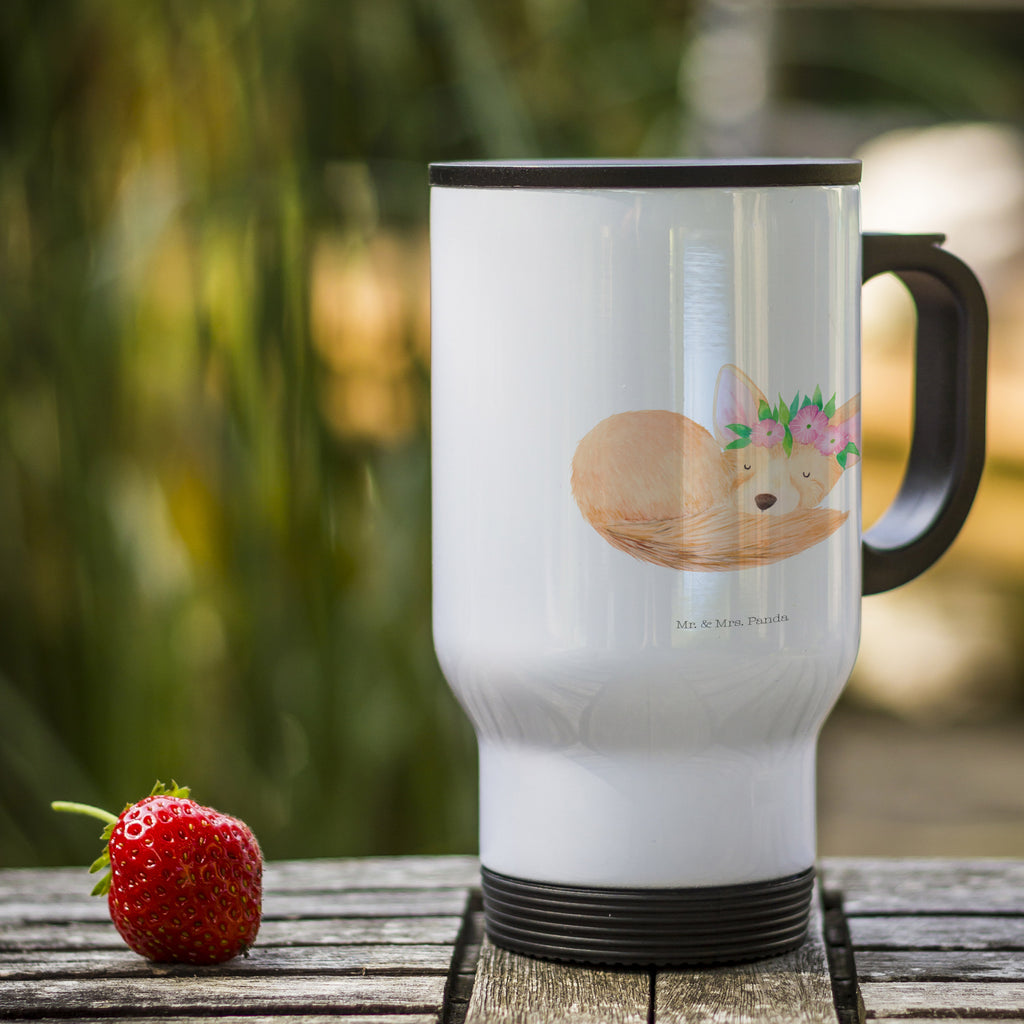 Thermobecher Wüstenfuchs Blumenkranz Thermobecher, To Go Becher, Thermotasse, Kaffeebecher, Isolierbecher, Thermobecher To Go, Warmhaltetasse, Edelstahlbecher, Reisebecher, Tasse mit Deckel, Thermobecher für 400 ml, Kaffeetasse zum Mitnehmen, Tasse zum Mitnehmen, Spülmaschinenfest, Afrika, Wildtiere, Wüste, Wüstenfuchs, Blumen, Blumenkranz, Glücklich