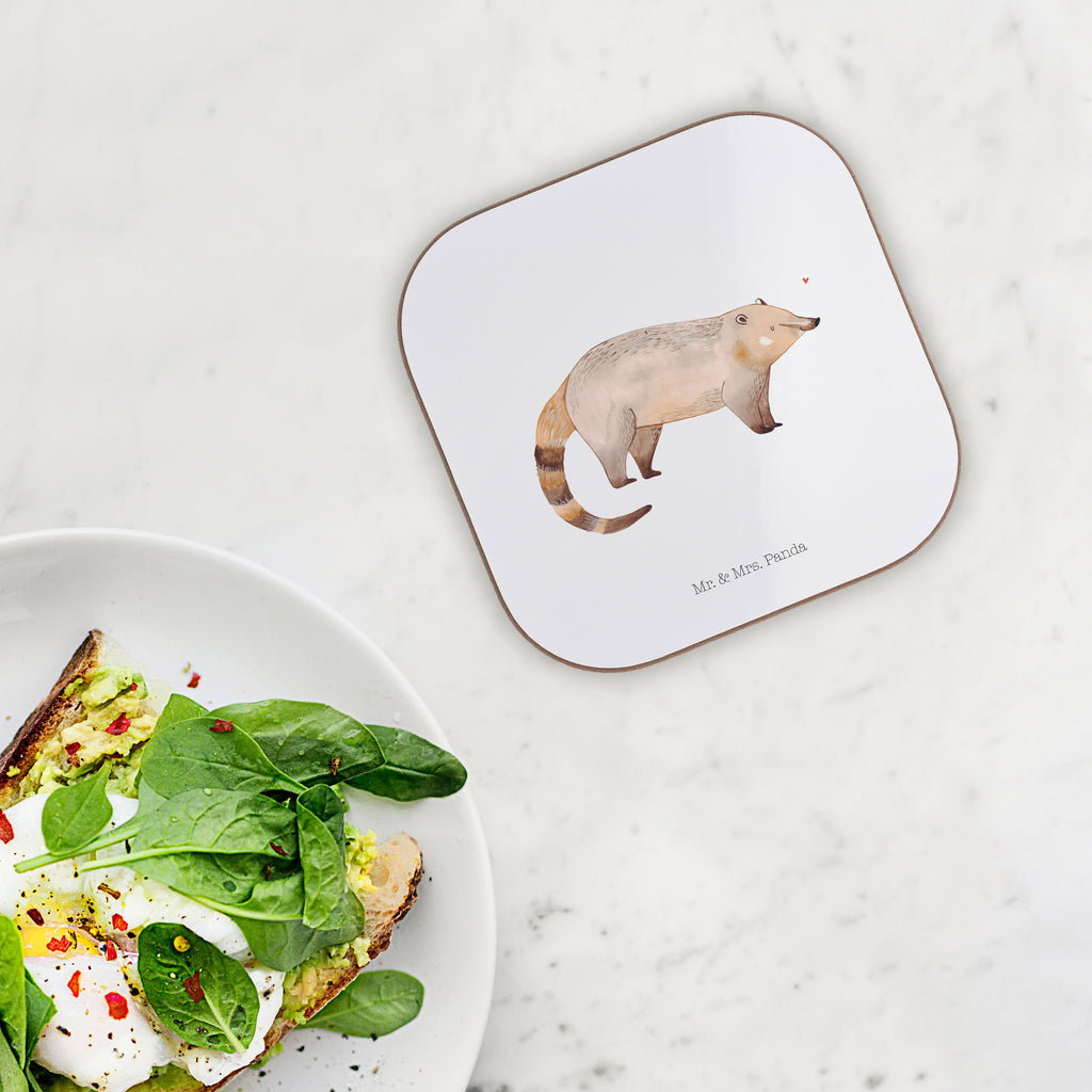 Quadratische Untersetzer Nasenbär Bierdeckel, Glasuntersetzer, Untersetzer Gläser, Getränkeuntersetzer, Tiermotive, Gute Laune, lustige Sprüche, Tiere, Nasenbär, Nasenbären, Rüsselbär, Bär