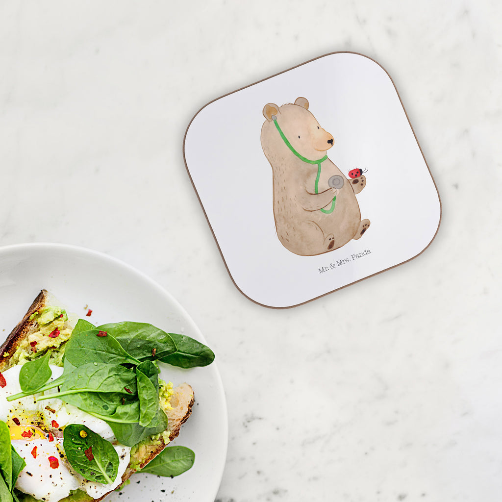 Quadratische Untersetzer Bär Arzt Bierdeckel, Glasuntersetzer, Untersetzer Gläser, Getränkeuntersetzer, Bär, Teddy, Teddybär, Arzt, Ärztin, Doktor, Professor, Doktorin, Professorin