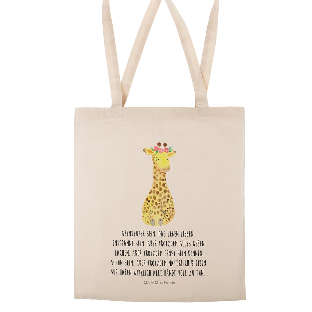 Tragetasche Giraffe Blumenkranz Beuteltasche, Beutel, Einkaufstasche, Jutebeutel, Stoffbeutel, Afrika, Wildtiere, Giraffe, Blumenkranz, Abenteurer, Selbstliebe, Freundin