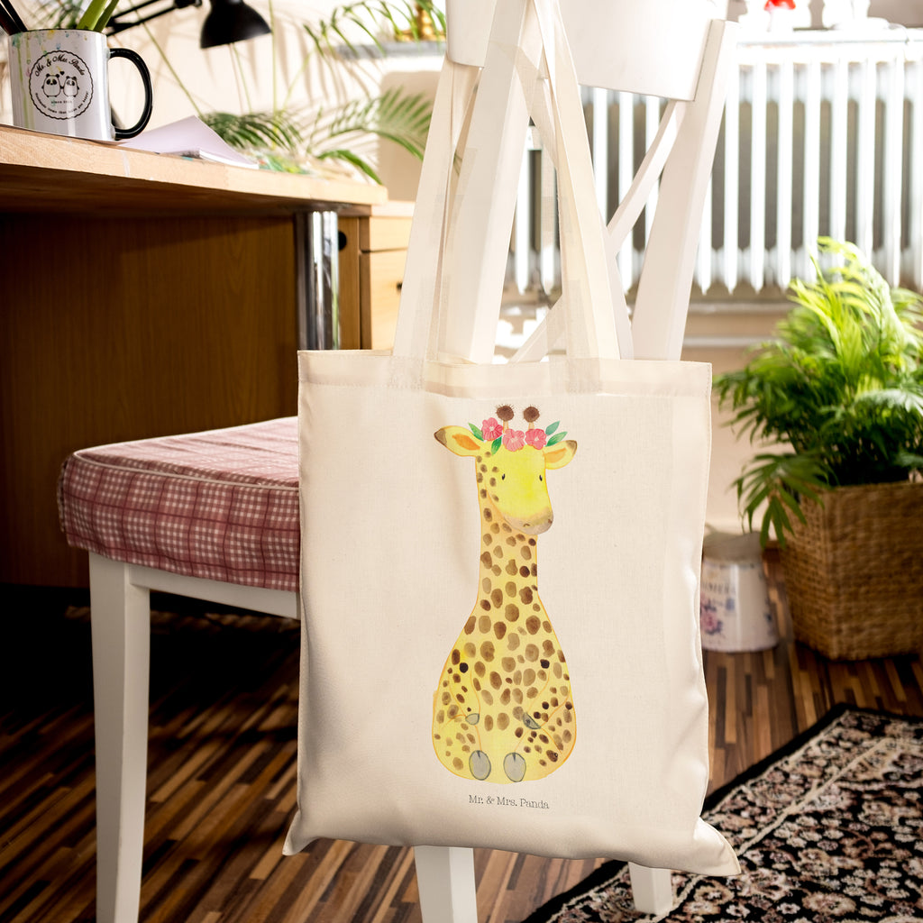 Tragetasche Giraffe Blumenkranz Beuteltasche, Beutel, Einkaufstasche, Jutebeutel, Stoffbeutel, Afrika, Wildtiere, Giraffe, Blumenkranz, Abenteurer, Selbstliebe, Freundin