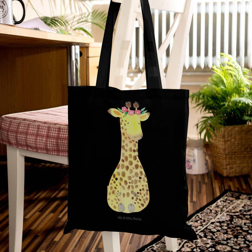 Tragetasche Giraffe Blumenkranz Beuteltasche, Beutel, Einkaufstasche, Jutebeutel, Stoffbeutel, Afrika, Wildtiere, Giraffe, Blumenkranz, Abenteurer, Selbstliebe, Freundin