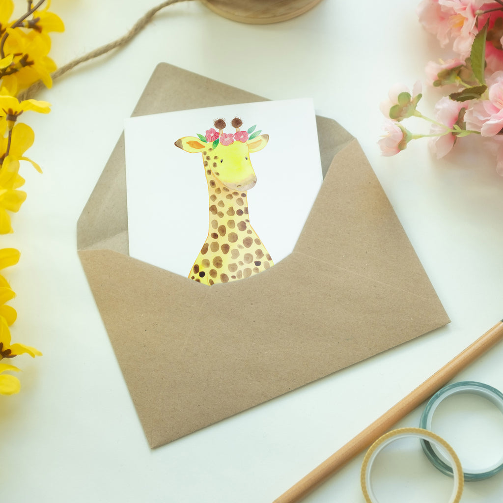 Grußkarte Giraffe Blumenkranz Klappkarte, Einladungskarte, Glückwunschkarte, Hochzeitskarte, Geburtstagskarte, Karte, Afrika, Wildtiere, Giraffe, Blumenkranz, Abenteurer, Selbstliebe, Freundin