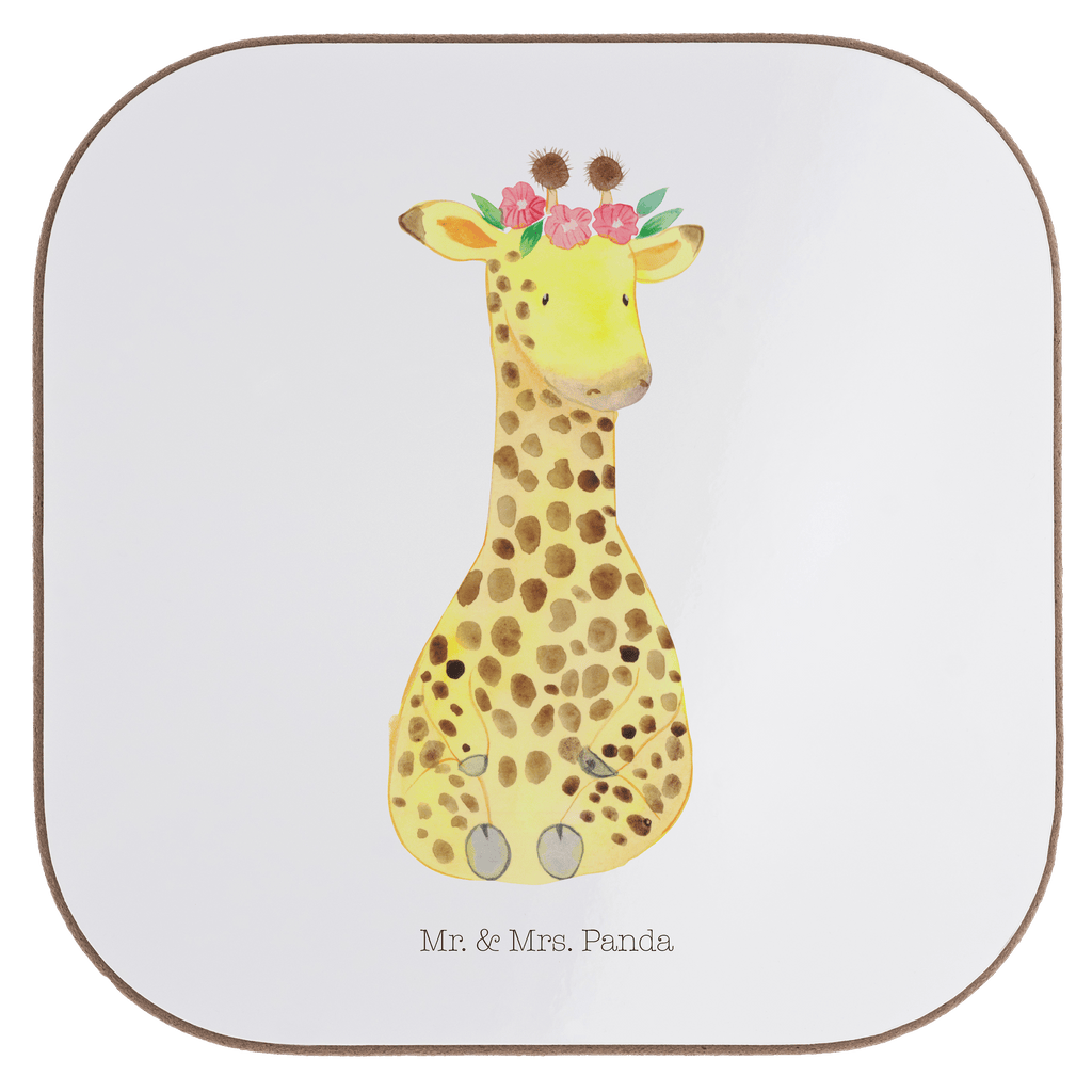 Quadratische Untersetzer Giraffe Blumenkranz Bierdeckel, Glasuntersetzer, Untersetzer Gläser, Getränkeuntersetzer, Afrika, Wildtiere, Giraffe, Blumenkranz, Abenteurer, Selbstliebe, Freundin
