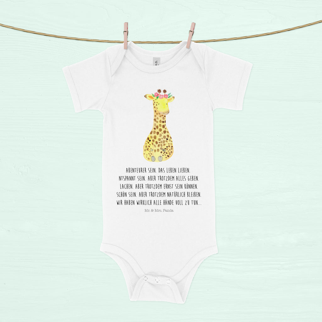 Organic Baby Body Giraffe Blumenkranz Babykleidung, Babystrampler, Strampler, Wickelbody, Baby Erstausstattung, Junge, Mädchen, Afrika, Wildtiere, Giraffe, Blumenkranz, Abenteurer, Selbstliebe, Freundin