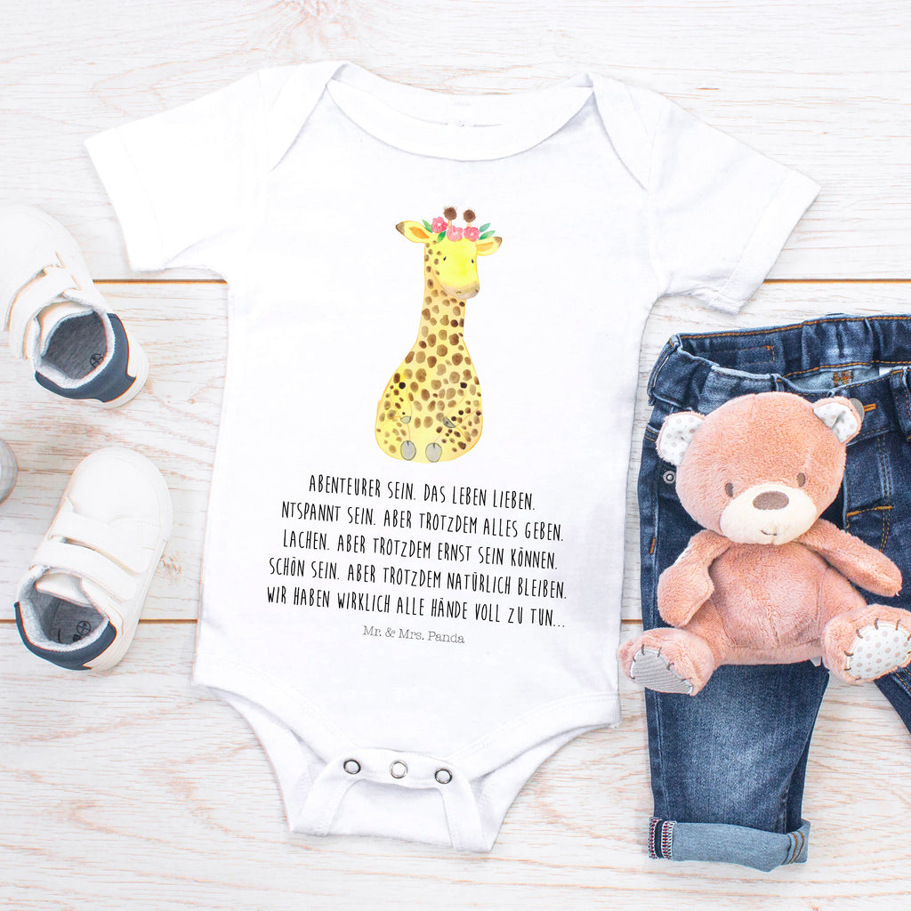 Organic Baby Body Giraffe Blumenkranz Babykleidung, Babystrampler, Strampler, Wickelbody, Baby Erstausstattung, Junge, Mädchen, Afrika, Wildtiere, Giraffe, Blumenkranz, Abenteurer, Selbstliebe, Freundin