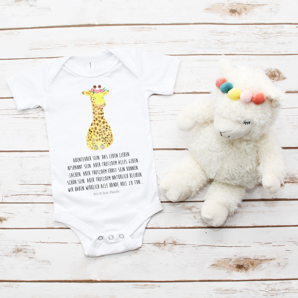 Organic Baby Body Giraffe Blumenkranz Babykleidung, Babystrampler, Strampler, Wickelbody, Baby Erstausstattung, Junge, Mädchen, Afrika, Wildtiere, Giraffe, Blumenkranz, Abenteurer, Selbstliebe, Freundin