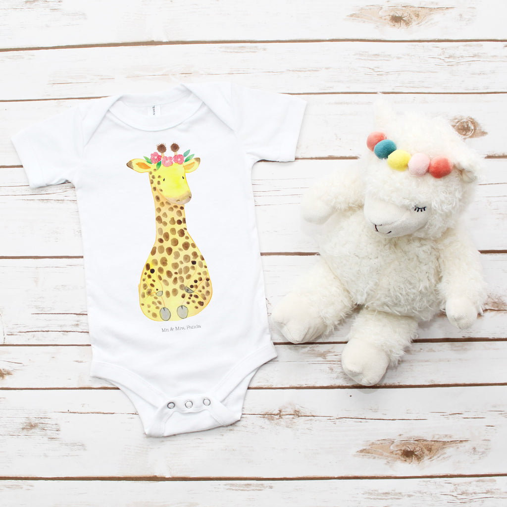 Organic Baby Body Giraffe Blumenkranz Babykleidung, Babystrampler, Strampler, Wickelbody, Baby Erstausstattung, Junge, Mädchen, Afrika, Wildtiere, Giraffe, Blumenkranz, Abenteurer, Selbstliebe, Freundin