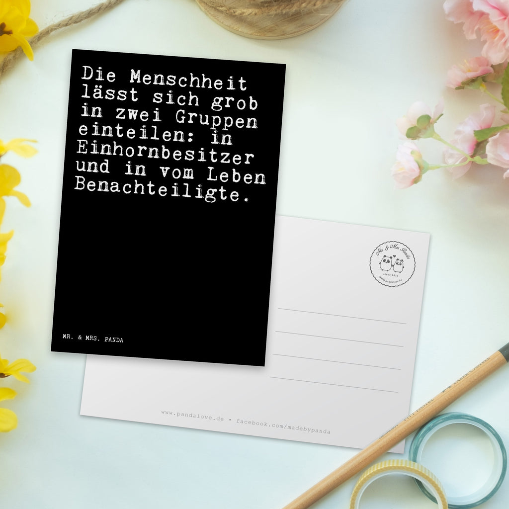 Postkarte Sprüche und Zitate Die Menschheit lässt sich grob in zwei Gruppen einteilen: in Einhornbesitzer und in vom Leben Benachteiligte. Geschenkkarte, Grußkarte, Karte, Einladung, Ansichtskarte, Geburtstagskarte, Einladungskarte, Spruch, Sprüche, lustig, Weisheiten, Zitate, Spruch Sprüche Weisheiten Zitate Lustig Weisheit Worte