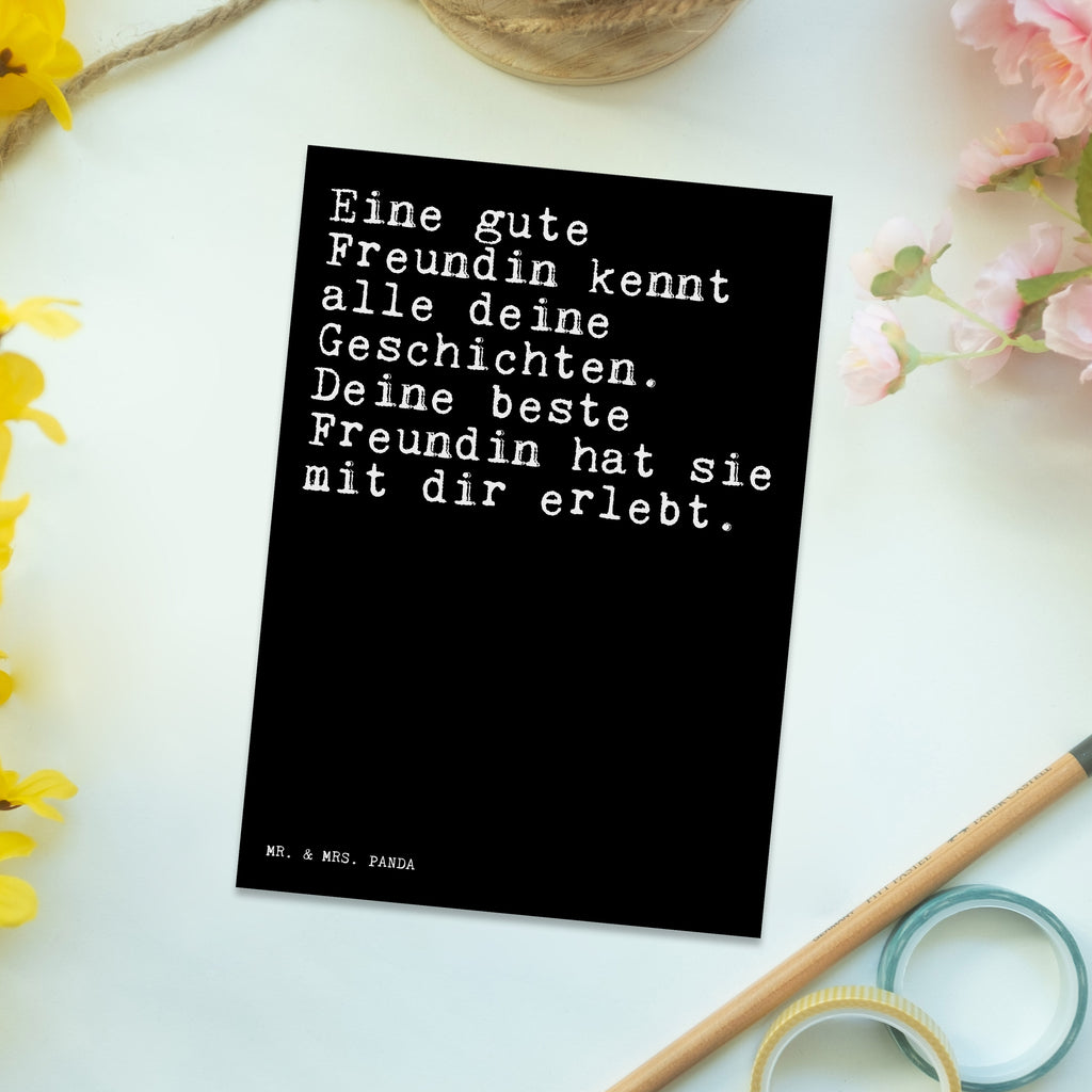 Postkarte Sprüche und Zitate Eine gute Freundin kennt alle deine Geschichten. Deine beste Freundin hat sie mit dir erlebt. Geschenkkarte, Grußkarte, Karte, Einladung, Ansichtskarte, Geburtstagskarte, Einladungskarte, Dankeskarte, Spruch, Sprüche, lustig, Weisheiten, Zitate, Spruch Sprüche Weisheiten Zitate Lustig Weisheit Worte
