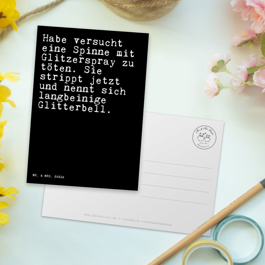 Postkarte Sprüche und Zitate Habe versucht eine Spinne mit Glitzerspray zu töten. Sie strippt jetzt und nennt sich langbeinige Glitterbell. Geschenkkarte, Grußkarte, Karte, Einladung, Ansichtskarte, Geburtstagskarte, Einladungskarte, Dankeskarte, Spruch, Sprüche, lustig, Weisheiten, Zitate, Spruch Sprüche Weisheiten Zitate Lustig Weisheit Worte