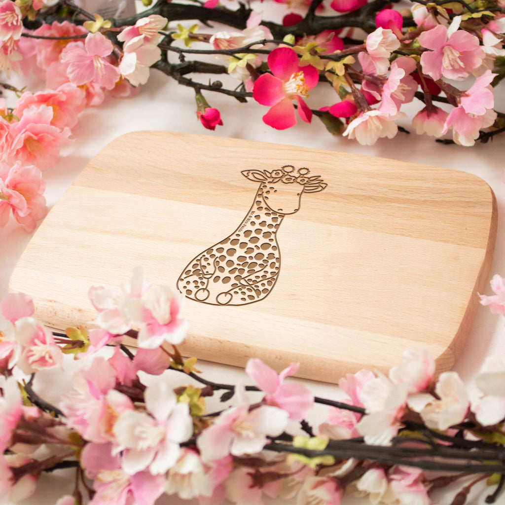 Frühstücksbrett Giraffe Blumenkranz Frühstücksbrett, Holzbrett, Schneidebrett, Schneidebrett Holz, Frühstücksbrettchen, Küchenbrett, Afrika, Wildtiere, Giraffe, Blumenkranz, Abenteurer, Selbstliebe, Freundin