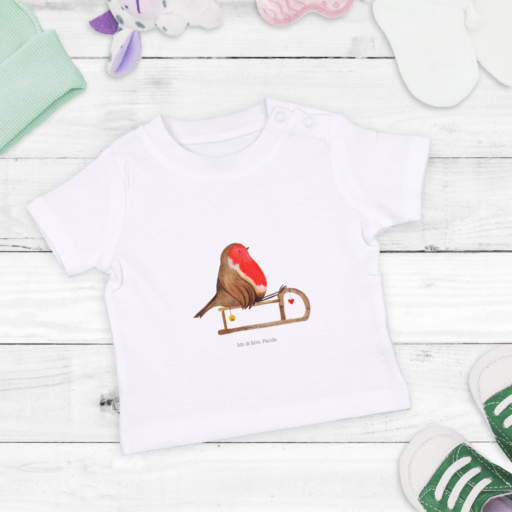 Organic Baby Shirt Rotkehlchen Schlitten Baby T-Shirt, Jungen Baby T-Shirt, Mädchen Baby T-Shirt, Shirt, Winter, Weihnachten, Weihnachtsdeko, Nikolaus, Advent, Heiligabend, Wintermotiv, Schlitten, Vogel