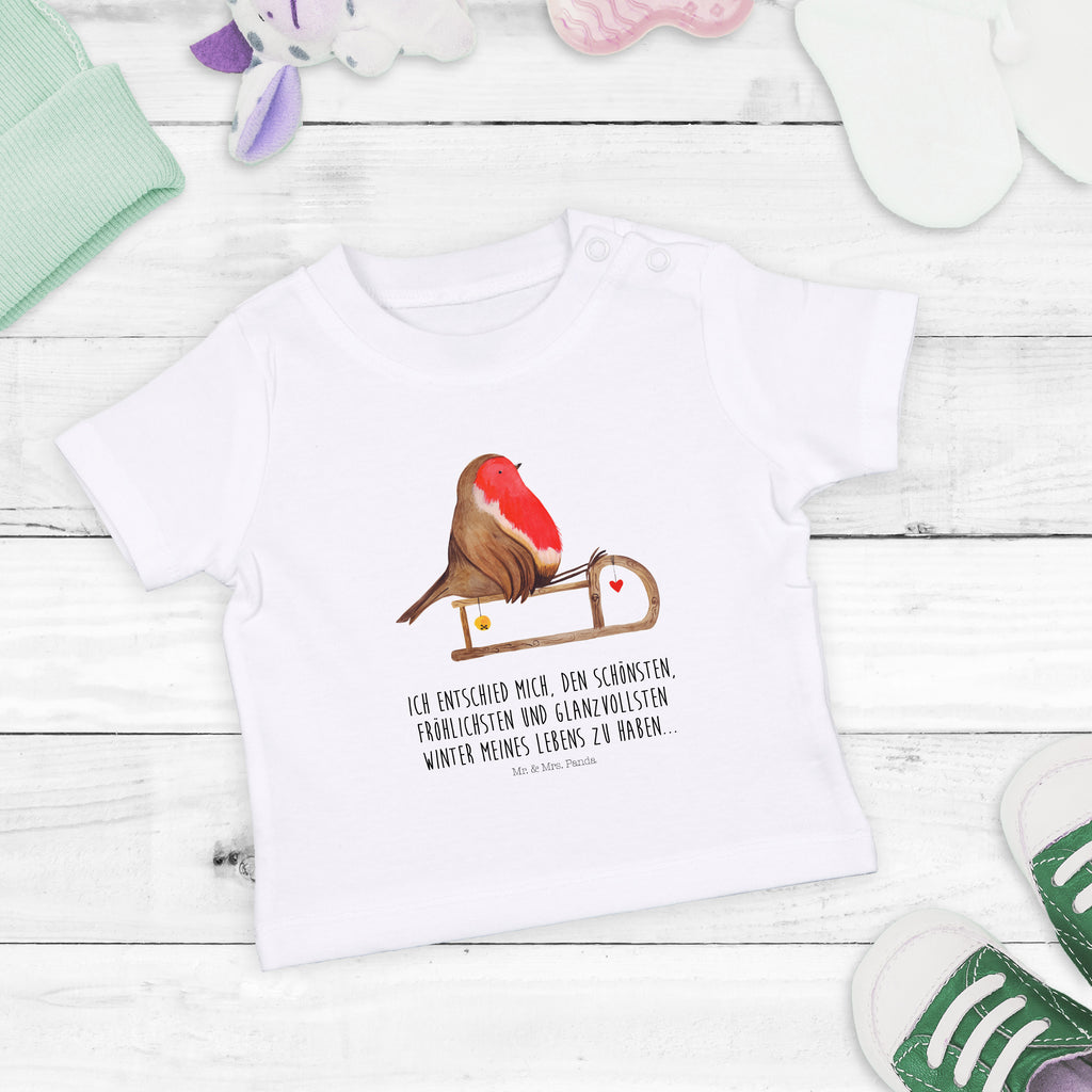 Organic Baby Shirt Rotkehlchen Schlitten Baby T-Shirt, Jungen Baby T-Shirt, Mädchen Baby T-Shirt, Shirt, Winter, Weihnachten, Weihnachtsdeko, Nikolaus, Advent, Heiligabend, Wintermotiv, Schlitten, Vogel