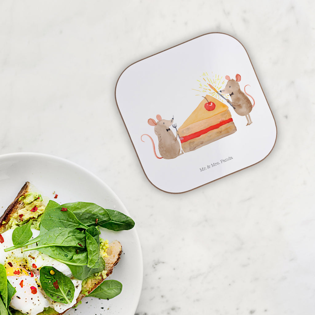 Quadratische Untersetzer Mäuse Kuchen Bierdeckel, Glasuntersetzer, Untersetzer Gläser, Getränkeuntersetzer, Geburtstag, Geburtstagsgeschenk, Geschenk, Kuchen, Maus, Mäuse, Party, Leben, Glück