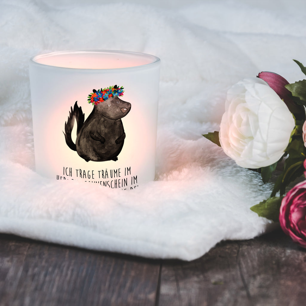 Windlicht Stinktier Blumenmaedchen Windlicht Glas, Teelichtglas, Teelichthalter, Teelichter, Kerzenglas, Windlicht Kerze, Kerzenlicht, Stinktier, Skunk, Wildtier, Raubtier, Stinker, Stinki, Yoga, Namaste, Lebe, Liebe, Lache