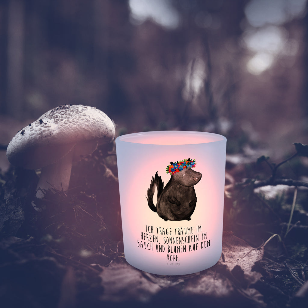 Windlicht Stinktier Blumenmaedchen Windlicht Glas, Teelichtglas, Teelichthalter, Teelichter, Kerzenglas, Windlicht Kerze, Kerzenlicht, Stinktier, Skunk, Wildtier, Raubtier, Stinker, Stinki, Yoga, Namaste, Lebe, Liebe, Lache
