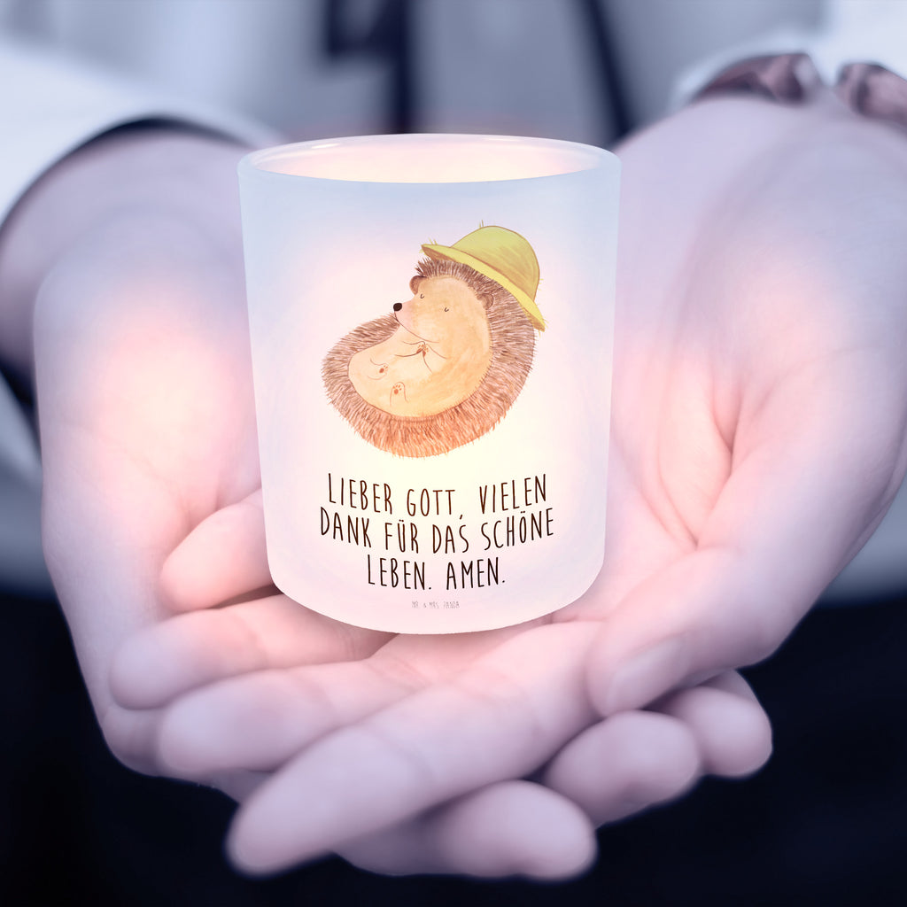 Windlicht Igel betet Windlicht Glas, Teelichtglas, Teelichthalter, Teelichter, Kerzenglas, Windlicht Kerze, Kerzenlicht, Tiermotive, Gute Laune, lustige Sprüche, Tiere, Igel, Igel mit Hut, Sonnenhut, Gott, Amen, beten, Leben, Dankbarkeit, Dankbar sein, dankbar, genießen