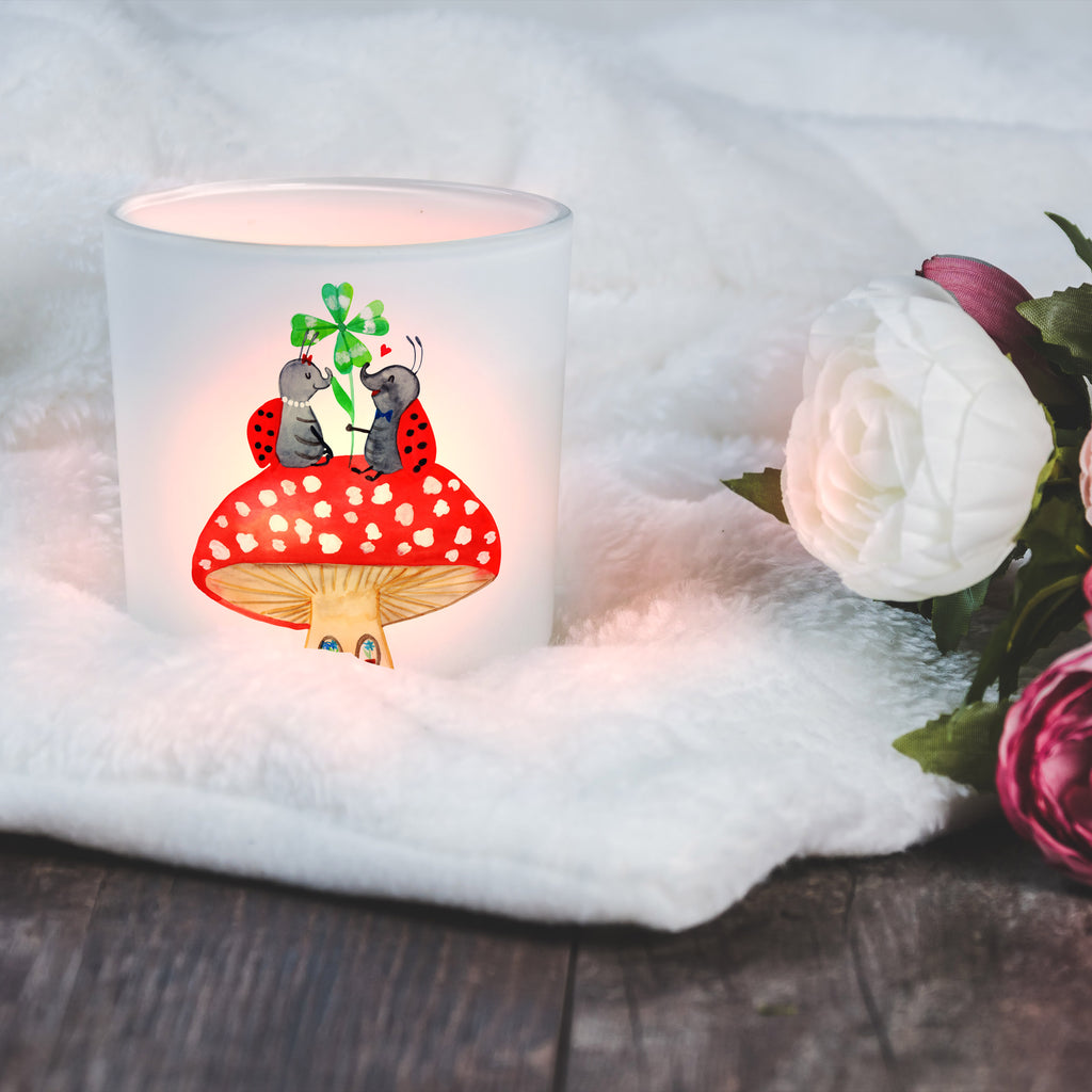 Windlicht Marienkäfer Paar Fliegenpilz Windlicht Glas, Teelichtglas, Teelichthalter, Teelichter, Kerzenglas, Windlicht Kerze, Kerzenlicht, Tiermotive, Gute Laune, lustige Sprüche, Tiere, Haus, Wohnung, zuhause, Fliegenpilz, Marienkäfer, Fleigenpilzhaus