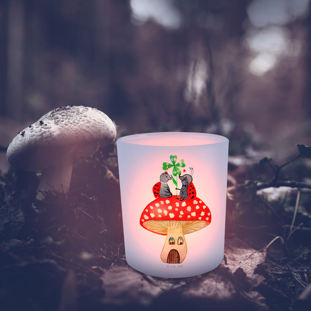 Windlicht Marienkäfer Paar Fliegenpilz Windlicht Glas, Teelichtglas, Teelichthalter, Teelichter, Kerzenglas, Windlicht Kerze, Kerzenlicht, Tiermotive, Gute Laune, lustige Sprüche, Tiere, Haus, Wohnung, zuhause, Fliegenpilz, Marienkäfer, Fleigenpilzhaus