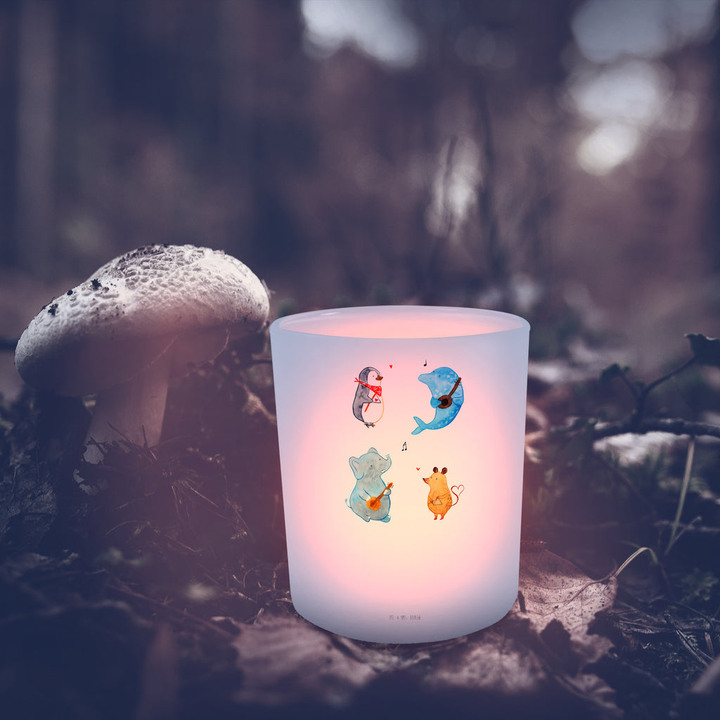 Windlicht Big Band Windlicht Glas, Teelichtglas, Teelichthalter, Teelichter, Kerzenglas, Windlicht Kerze, Kerzenlicht, Tiermotive, Gute Laune, lustige Sprüche, Tiere, Hund, Pinguin, Maus, Elefant, Delfin, Gitarre, Band, Triangel, Musikanten, Musik
