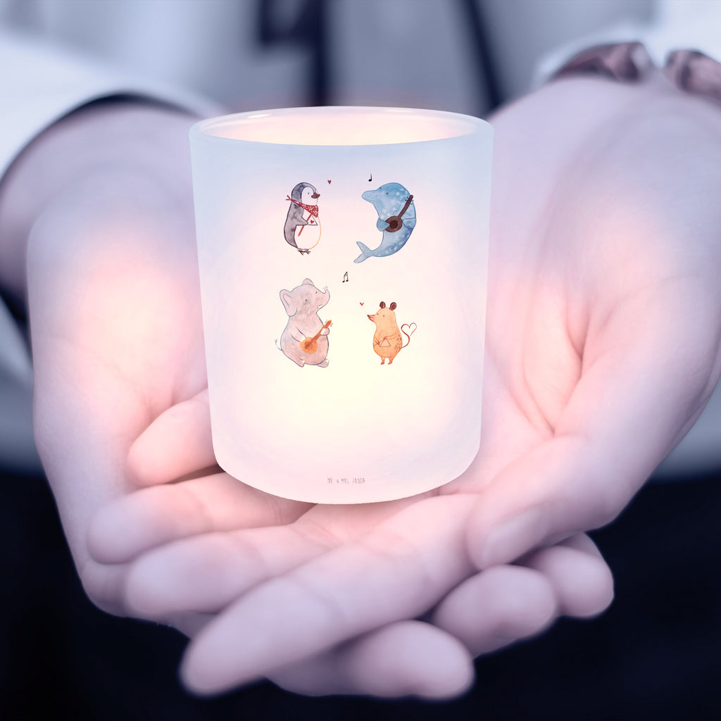 Windlicht Big Band Windlicht Glas, Teelichtglas, Teelichthalter, Teelichter, Kerzenglas, Windlicht Kerze, Kerzenlicht, Tiermotive, Gute Laune, lustige Sprüche, Tiere, Hund, Pinguin, Maus, Elefant, Delfin, Gitarre, Band, Triangel, Musikanten, Musik