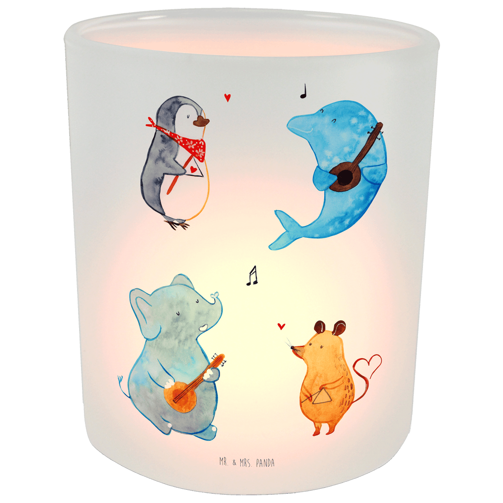 Windlicht Big Band Windlicht Glas, Teelichtglas, Teelichthalter, Teelichter, Kerzenglas, Windlicht Kerze, Kerzenlicht, Tiermotive, Gute Laune, lustige Sprüche, Tiere, Hund, Pinguin, Maus, Elefant, Delfin, Gitarre, Band, Triangel, Musikanten, Musik