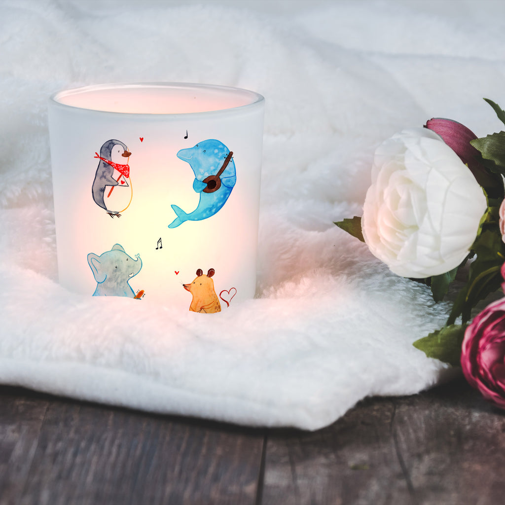 Windlicht Big Band Windlicht Glas, Teelichtglas, Teelichthalter, Teelichter, Kerzenglas, Windlicht Kerze, Kerzenlicht, Tiermotive, Gute Laune, lustige Sprüche, Tiere, Hund, Pinguin, Maus, Elefant, Delfin, Gitarre, Band, Triangel, Musikanten, Musik