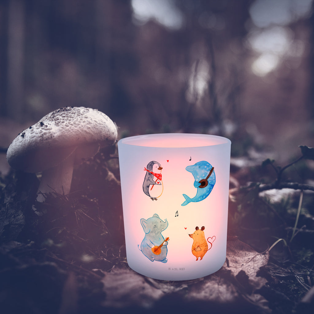 Windlicht Big Band Windlicht Glas, Teelichtglas, Teelichthalter, Teelichter, Kerzenglas, Windlicht Kerze, Kerzenlicht, Tiermotive, Gute Laune, lustige Sprüche, Tiere, Hund, Pinguin, Maus, Elefant, Delfin, Gitarre, Band, Triangel, Musikanten, Musik