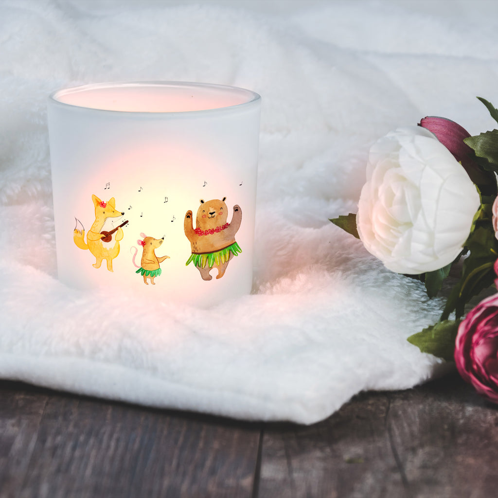Windlicht Waldtiere Aloha Windlicht Glas, Teelichtglas, Teelichthalter, Teelichter, Kerzenglas, Windlicht Kerze, Kerzenlicht, Tiermotive, Gute Laune, lustige Sprüche, Tiere, Wald, Waldtiere, Musik, Aloha, Bär, Hase, Igel, Tanzen, Leben, Lachen
