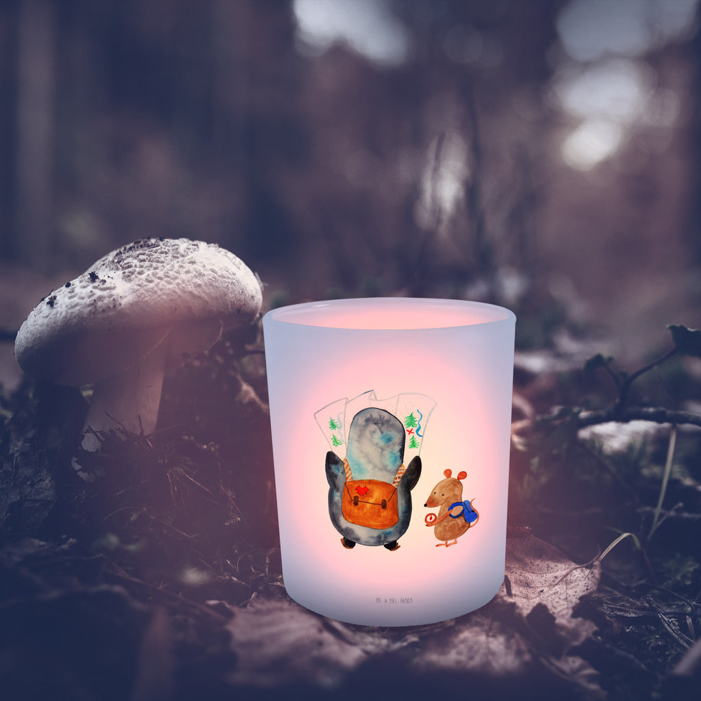 Windlicht Pinguin & Maus Wanderer Windlicht Glas, Teelichtglas, Teelichthalter, Teelichter, Kerzenglas, Windlicht Kerze, Kerzenlicht, Pinguin, Pinguine, Abenteurer, Abenteuer, Roadtrip, Ausflug, Wanderlust, wandern