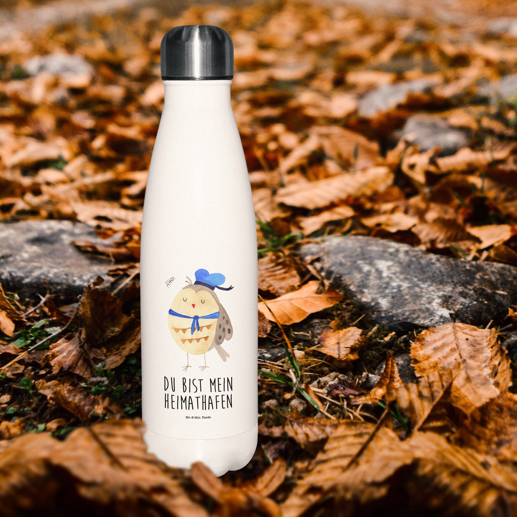 Thermosflasche Eule Matrosen Isolierflasche, Thermoflasche, Trinkflasche, Thermos, Edelstahl, Eule, Eule Spruch, Eule Deko, Owl, Wortspiel lustig, Matrose, Freundin, Ehe, Seefahrer, Heimathafen, Hochzeitstag Geschenk