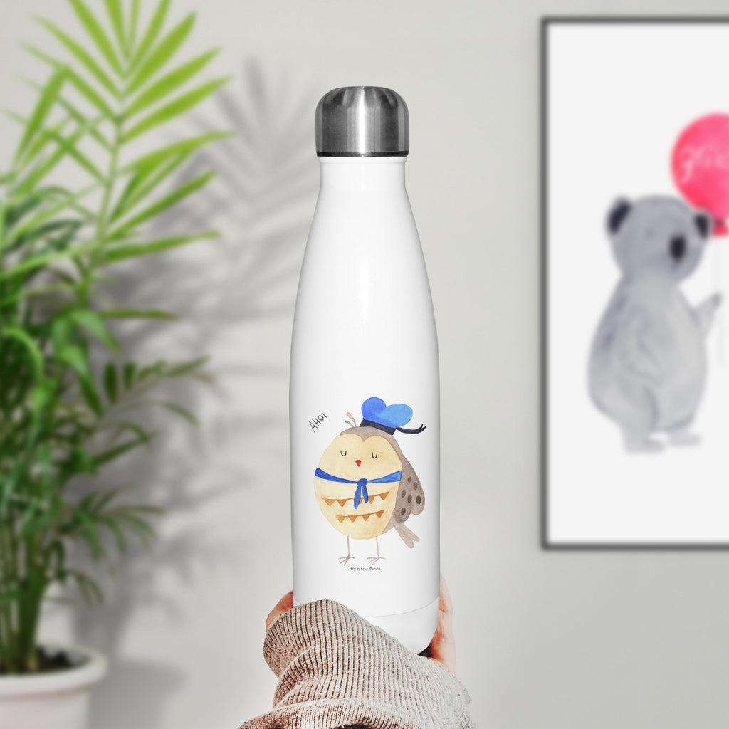 Thermosflasche Eule Matrosen Isolierflasche, Thermoflasche, Trinkflasche, Thermos, Edelstahl, Eule, Eule Spruch, Eule Deko, Owl, Wortspiel lustig, Matrose, Freundin, Ehe, Seefahrer, Heimathafen, Hochzeitstag Geschenk