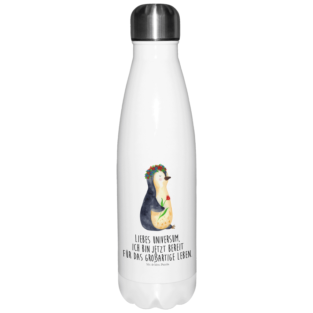 Thermosflasche Pinguin Blumenkranz Isolierflasche, Thermoflasche, Trinkflasche, Thermos, Edelstahl, Pinguin, Pinguine, Blumenkranz, Universum, Leben, Wünsche, Ziele, Lebensziele, Motivation, Lebenslust, Liebeskummer, Geschenkidee