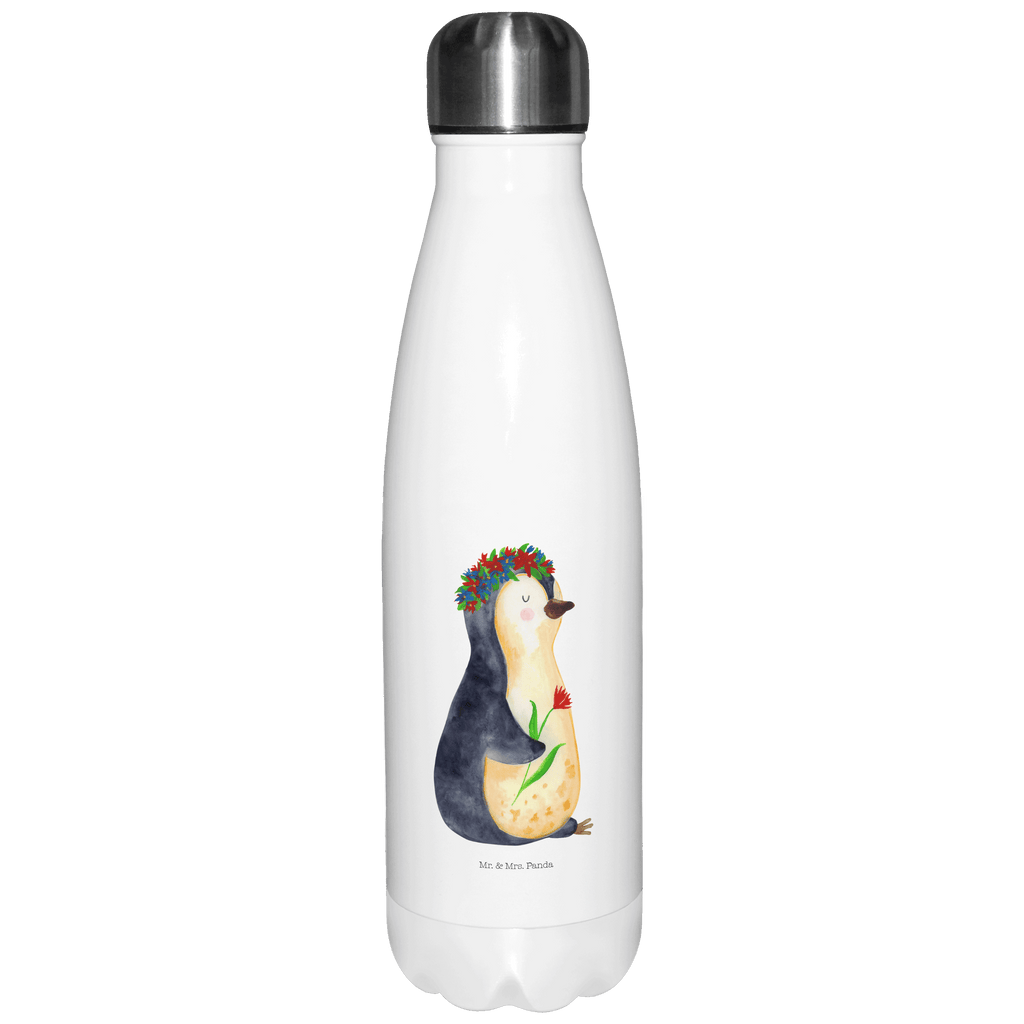 Thermosflasche Pinguin Blumenkranz Isolierflasche, Thermoflasche, Trinkflasche, Thermos, Edelstahl, Pinguin, Pinguine, Blumenkranz, Universum, Leben, Wünsche, Ziele, Lebensziele, Motivation, Lebenslust, Liebeskummer, Geschenkidee