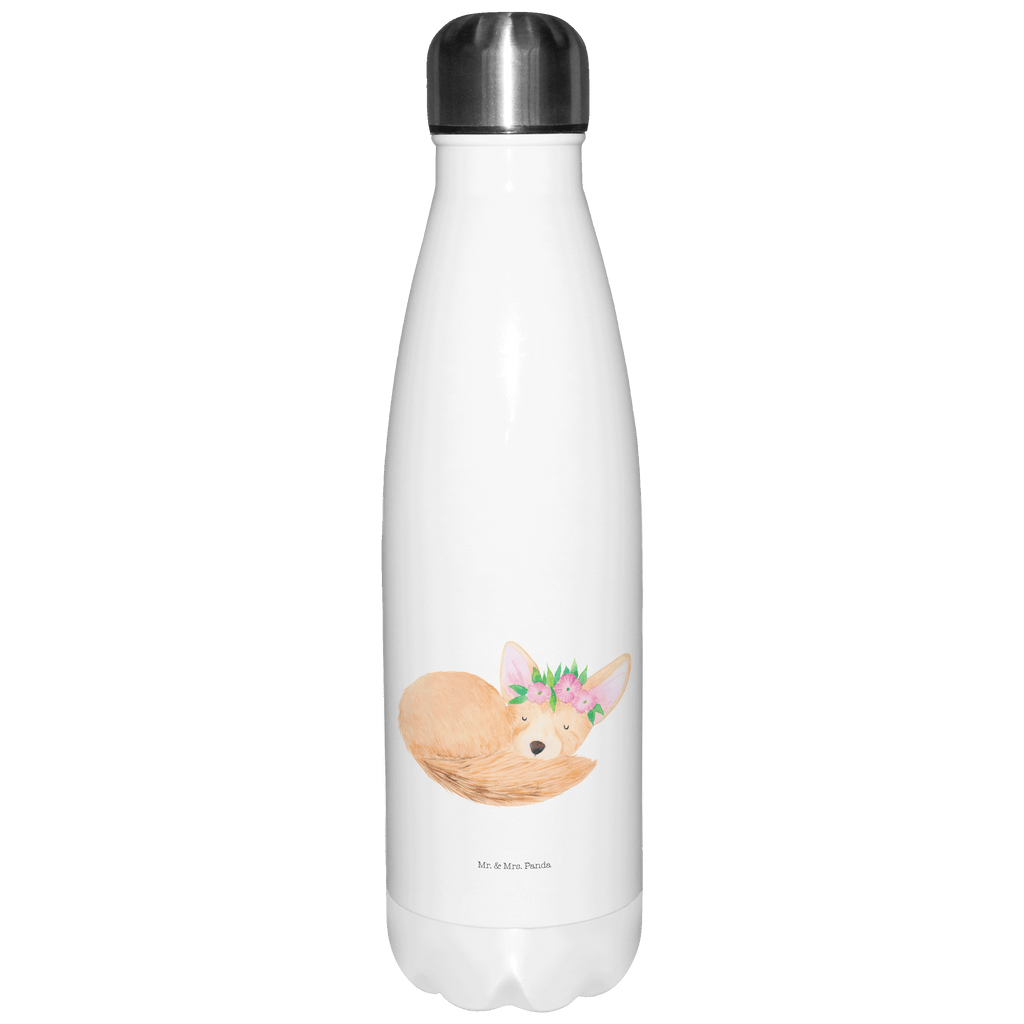 Thermosflasche Wüstenfuchs Blumenkranz Isolierflasche, Thermoflasche, Trinkflasche, Thermos, Edelstahl, Afrika, Wildtiere, Wüste, Wüstenfuchs, Blumen, Blumenkranz, Glücklich