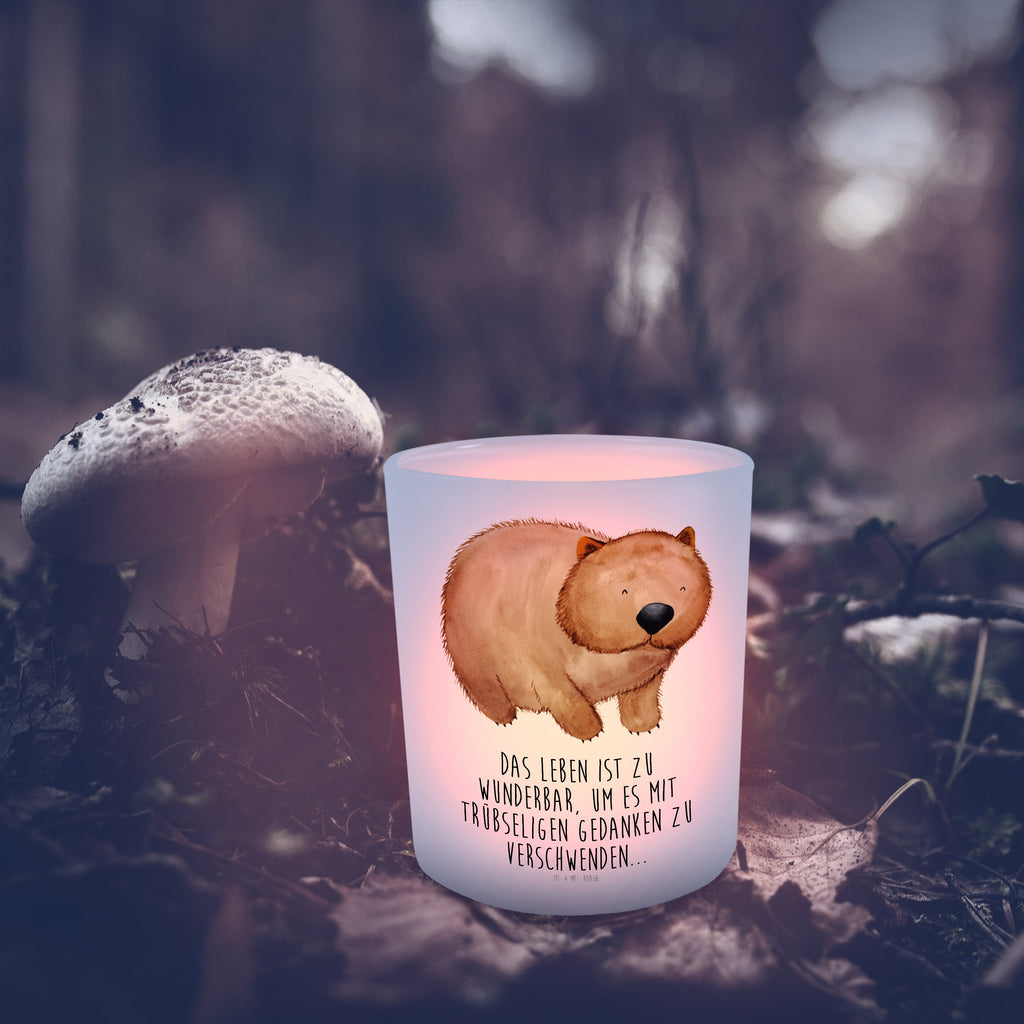 Windlicht Wombat Windlicht Glas, Teelichtglas, Teelichthalter, Teelichter, Kerzenglas, Windlicht Kerze, Kerzenlicht, Tiermotive, Gute Laune, lustige Sprüche, Tiere, Wombat, Das Leben ist schön, Motivation, Spruch, Australien