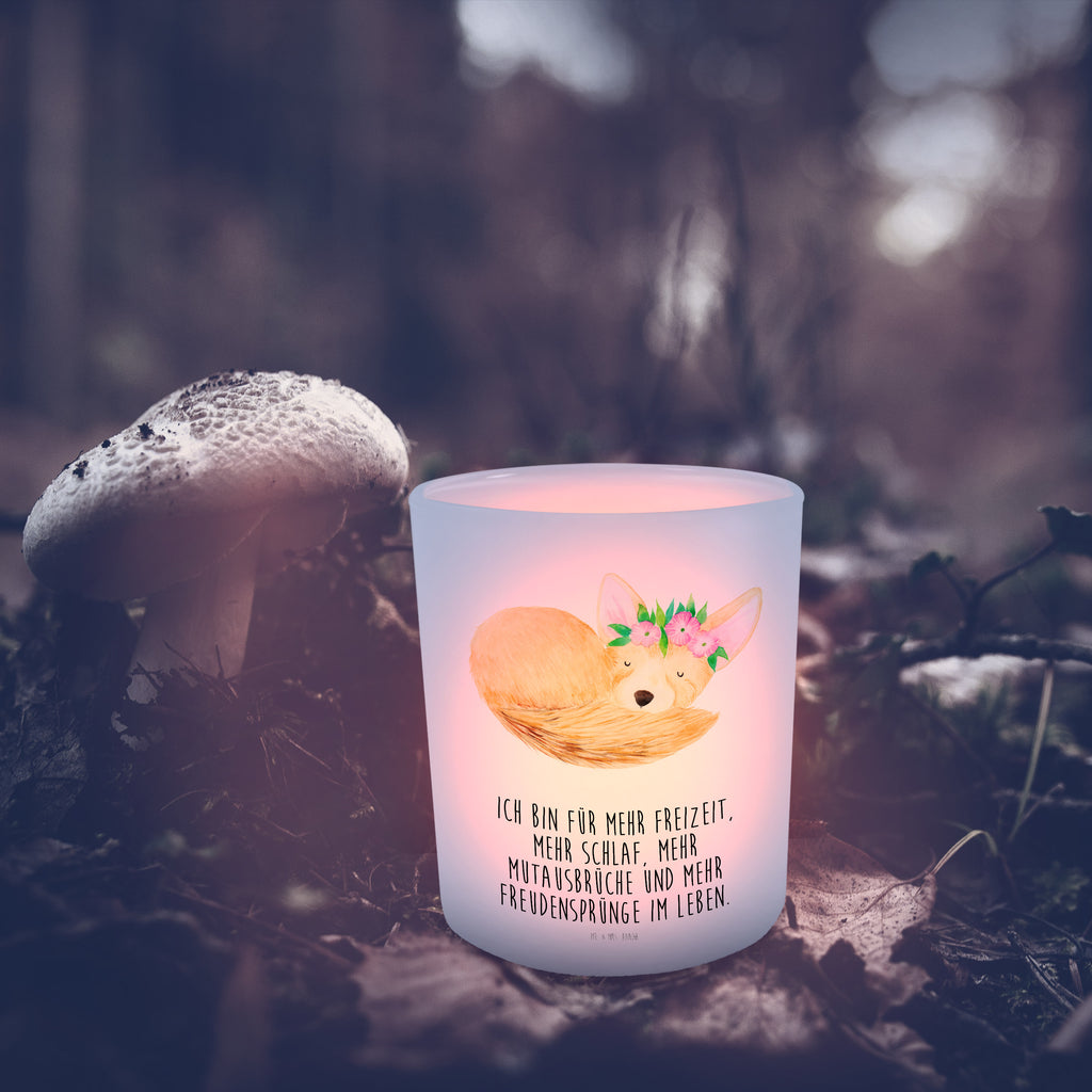Windlicht Wüstenfuchs Blumenkranz Windlicht Glas, Teelichtglas, Teelichthalter, Teelichter, Kerzenglas, Windlicht Kerze, Kerzenlicht, Afrika, Wildtiere, Wüste, Wüstenfuchs, Blumen, Blumenkranz, Glücklich