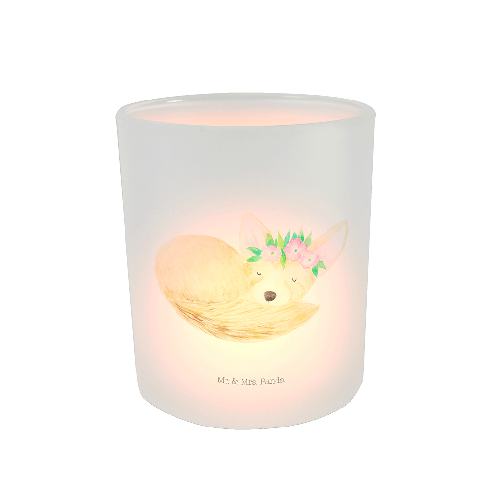 Windlicht Wüstenfuchs Blumenkranz Windlicht Glas, Teelichtglas, Teelichthalter, Teelichter, Kerzenglas, Windlicht Kerze, Kerzenlicht, Afrika, Wildtiere, Wüste, Wüstenfuchs, Blumen, Blumenkranz, Glücklich