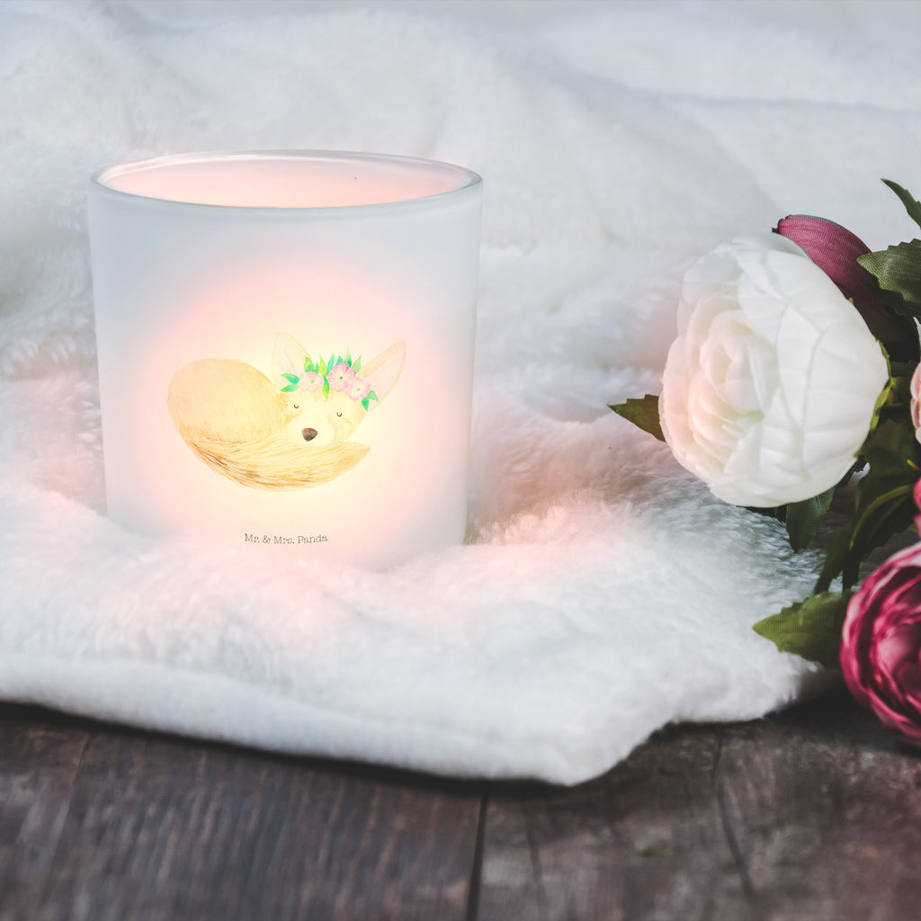 Windlicht Wüstenfuchs Blumenkranz Windlicht Glas, Teelichtglas, Teelichthalter, Teelichter, Kerzenglas, Windlicht Kerze, Kerzenlicht, Afrika, Wildtiere, Wüste, Wüstenfuchs, Blumen, Blumenkranz, Glücklich