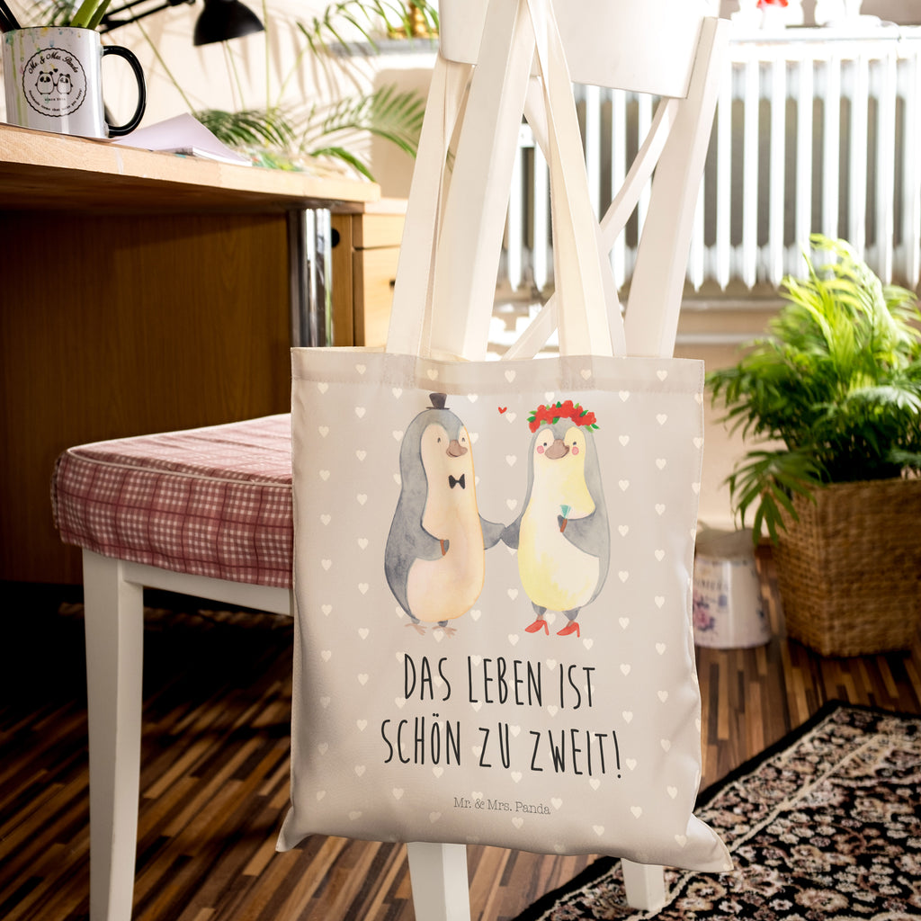 Einkaufstasche Pinguin Heirat Tragetasche, Tasche, Beutel, Stofftasche, Baumwolltasche, Umhängetasche, Shopper, Liebe, Partner, Freund, Freundin, Ehemann, Ehefrau, Heiraten, Verlobung, Heiratsantrag, Liebesgeschenk, Jahrestag, Hocheitstag